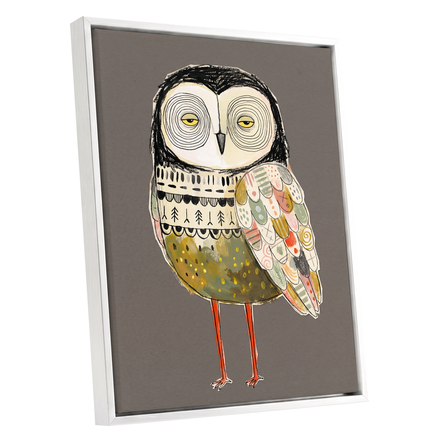 Patchwork Night Owl, gray, black, beige nature wall art shown as a white framed canvas wall art