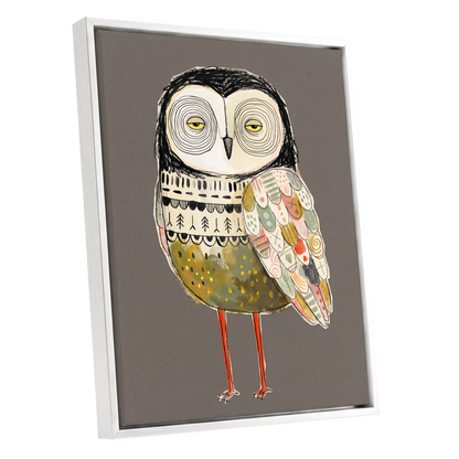Patchwork Night Owl, gray, black, beige nature wall art shown as a white framed canvas wall art