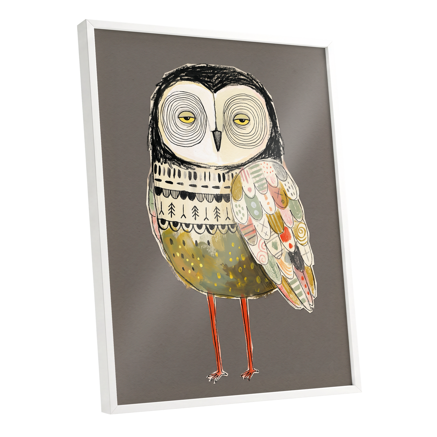 Patchwork Night Owl, gray, black, beige nature wall art shown as a white framed poster wall art print
