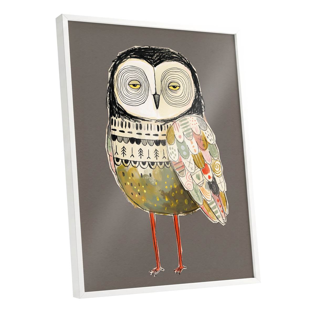 Patchwork Night Owl, gray, black, beige nature wall art shown as a white framed poster wall art print