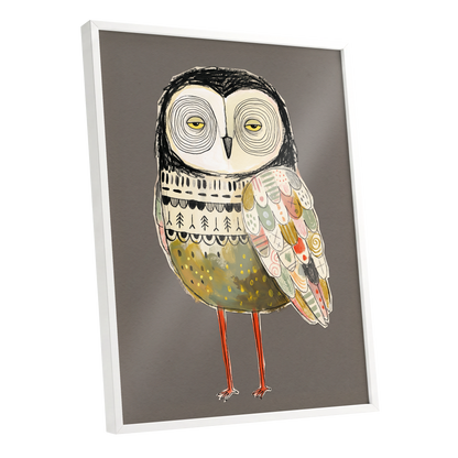 Patchwork Night Owl, gray, black, beige nature wall art shown as a white framed poster wall art print