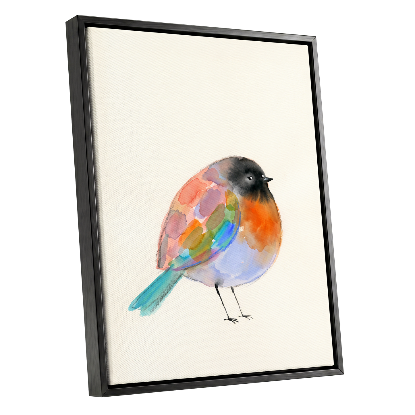 Patchwork Robin, multicolor, beige, black nature wall art shown as a black framed canvas wall art