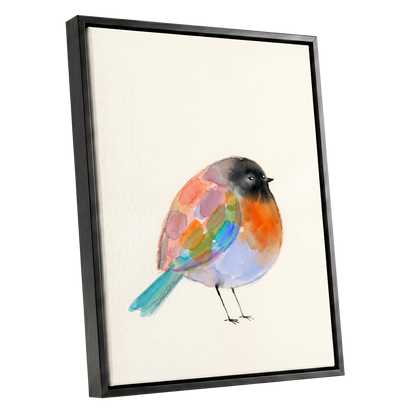 Patchwork Robin, multicolor, beige, black nature wall art shown as a black framed canvas wall art