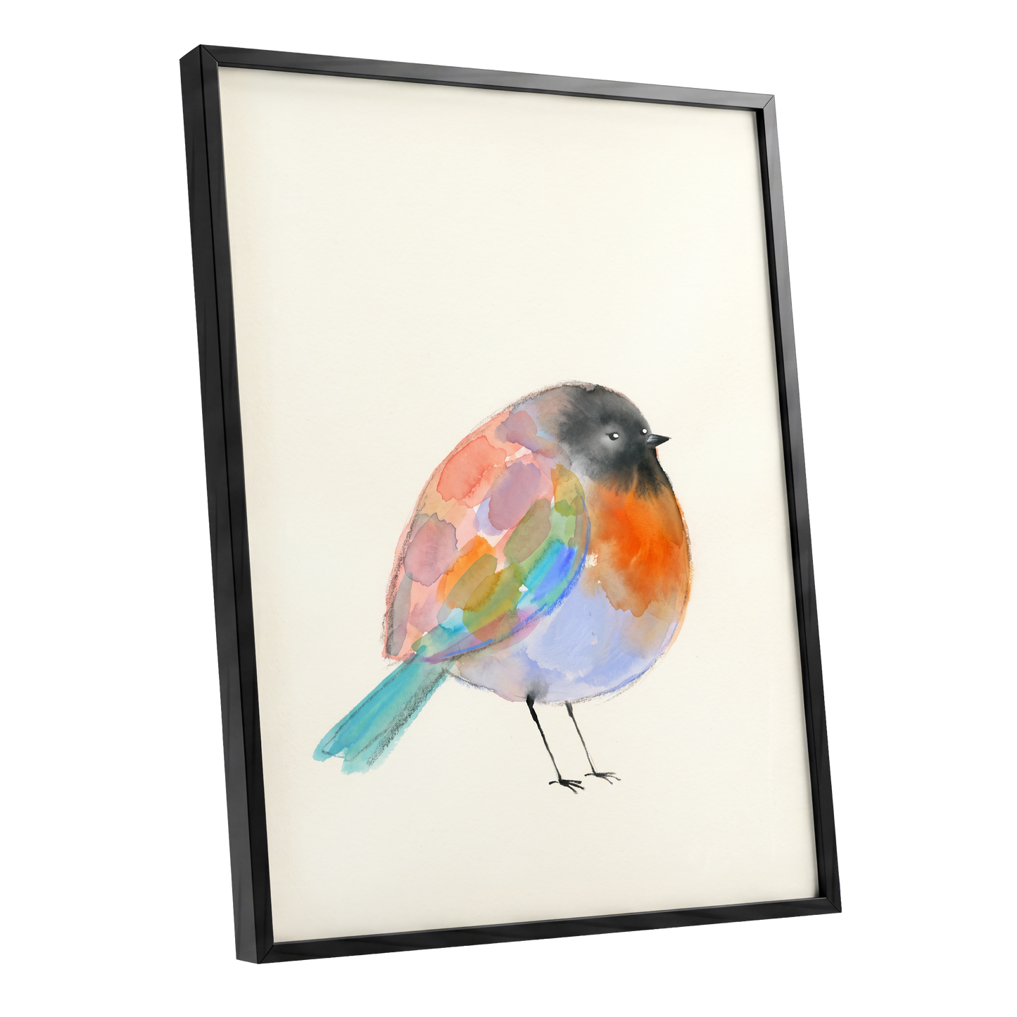 Patchwork Robin, multicolor, beige, black nature wall art shown as a black framed poster wall art print