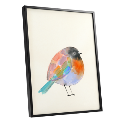 Patchwork Robin, multicolor, beige, black nature wall art shown as a black framed poster wall art print