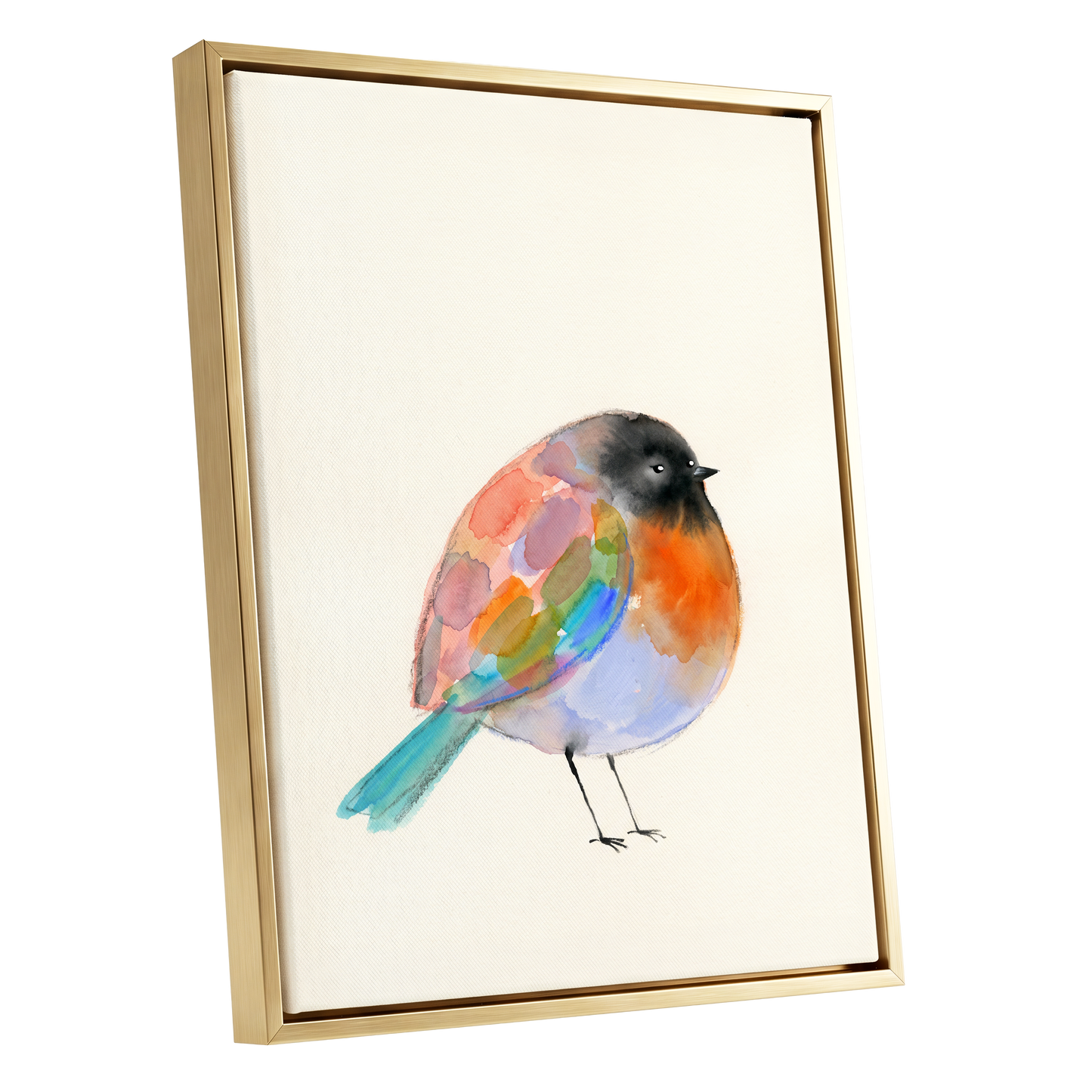 Patchwork Robin, multicolor, beige, black nature wall art shown as a gold framed canvas wall art