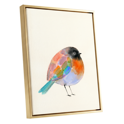 Patchwork Robin, multicolor, beige, black nature wall art shown as a gold framed canvas wall art