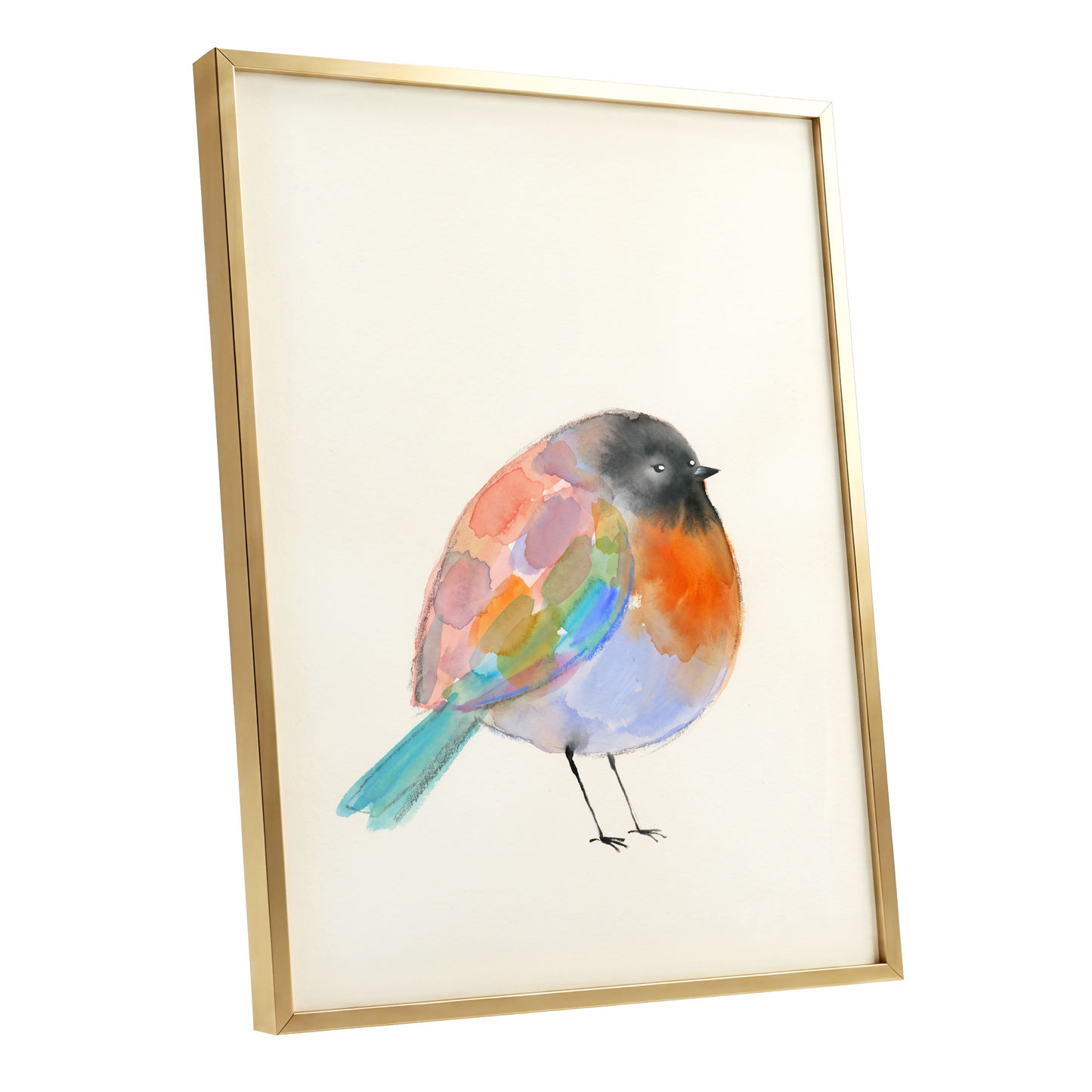 Patchwork Robin, multicolor, beige, black nature wall art shown as a gold framed poster wall art print