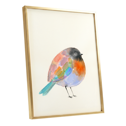 Patchwork Robin, multicolor, beige, black nature wall art shown as a gold framed poster wall art print