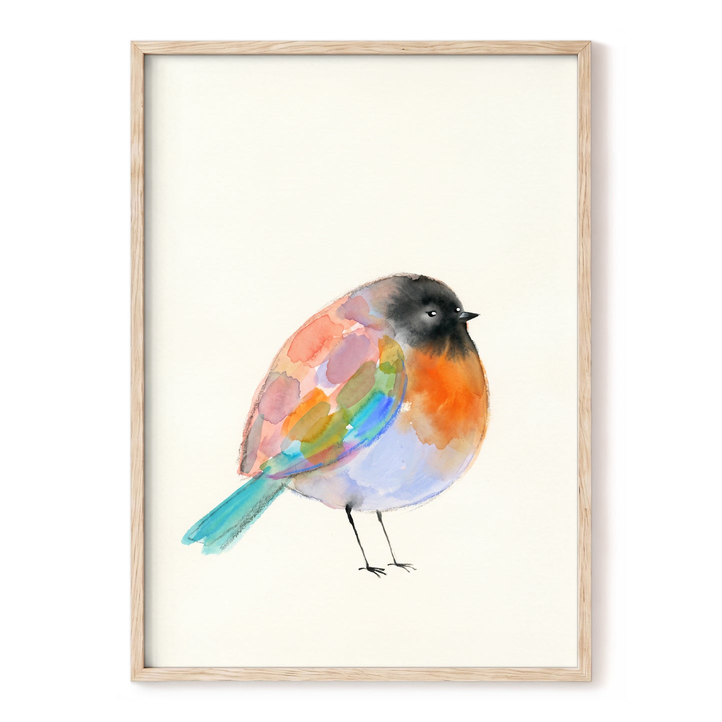 Patchwork Robin, multicolor, beige, black nature wall art, front artwork view