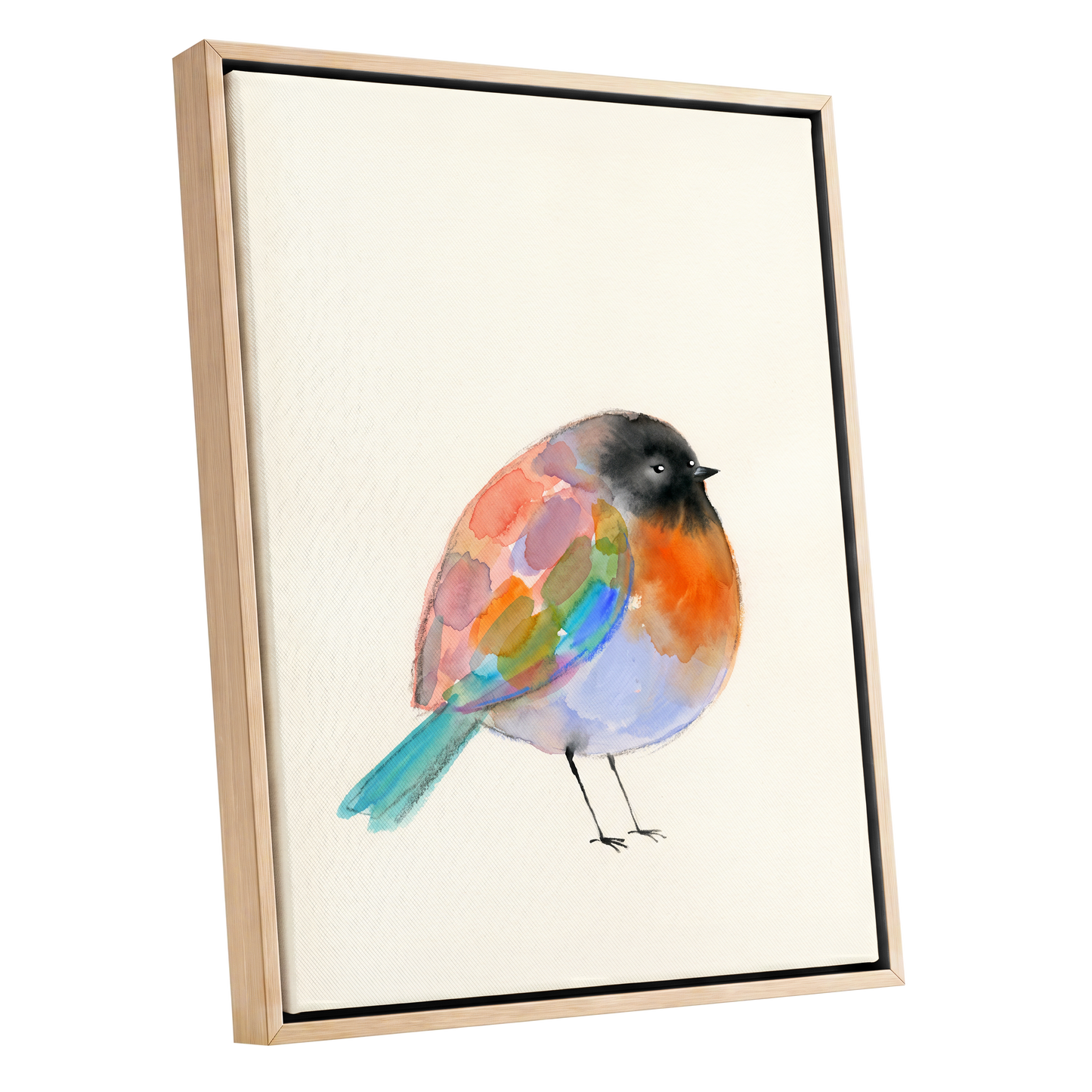 Patchwork Robin, multicolor, beige, black nature wall art shown as a oak framed canvas wall art