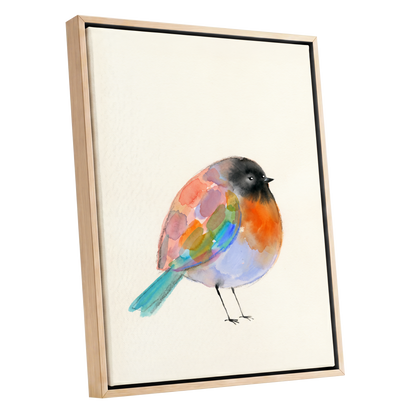 Patchwork Robin, multicolor, beige, black nature wall art shown as a oak framed canvas wall art