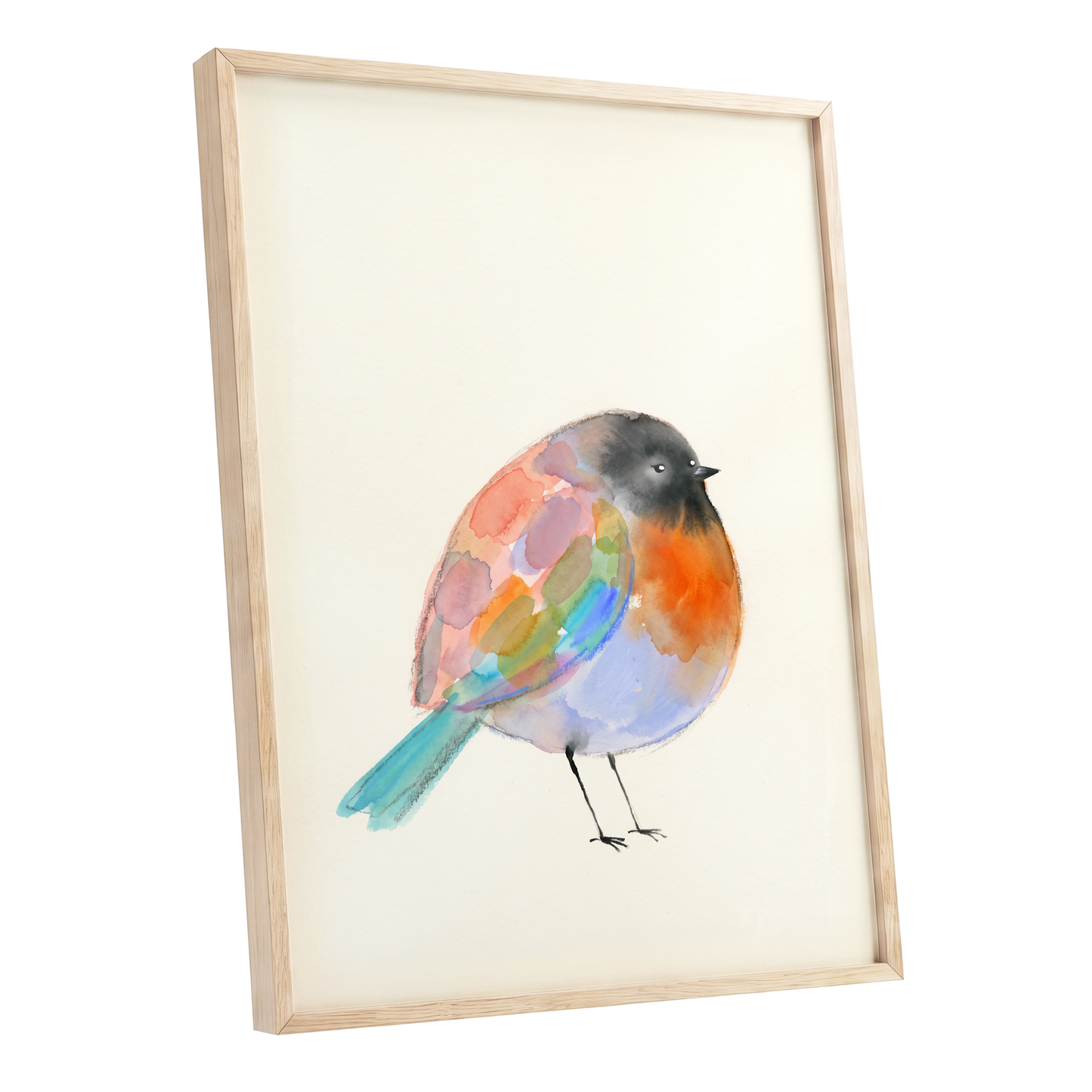 Patchwork Robin, multicolor, beige, black nature wall art shown as a oak framed poster wall art print