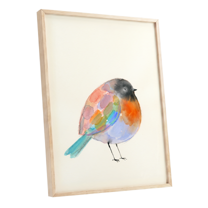 Patchwork Robin, multicolor, beige, black nature wall art shown as a oak framed poster wall art print