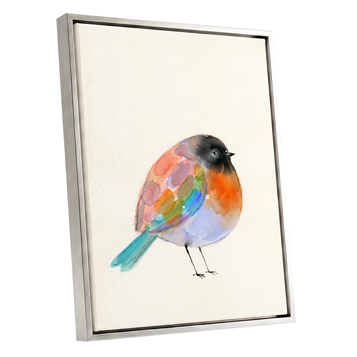 Patchwork Robin, multicolor, beige, black nature wall art shown as a silver framed canvas wall art