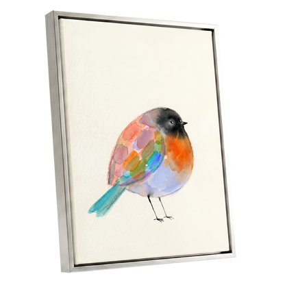 Patchwork Robin, multicolor, beige, black nature wall art shown as a silver framed canvas wall art