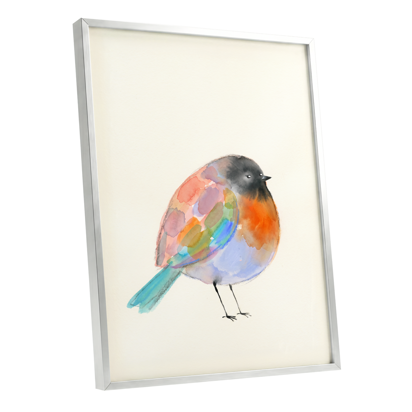 Patchwork Robin, multicolor, beige, black nature wall art shown as a silver framed poster wall art print
