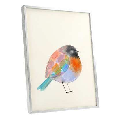 Patchwork Robin, multicolor, beige, black nature wall art shown as a silver framed poster wall art print