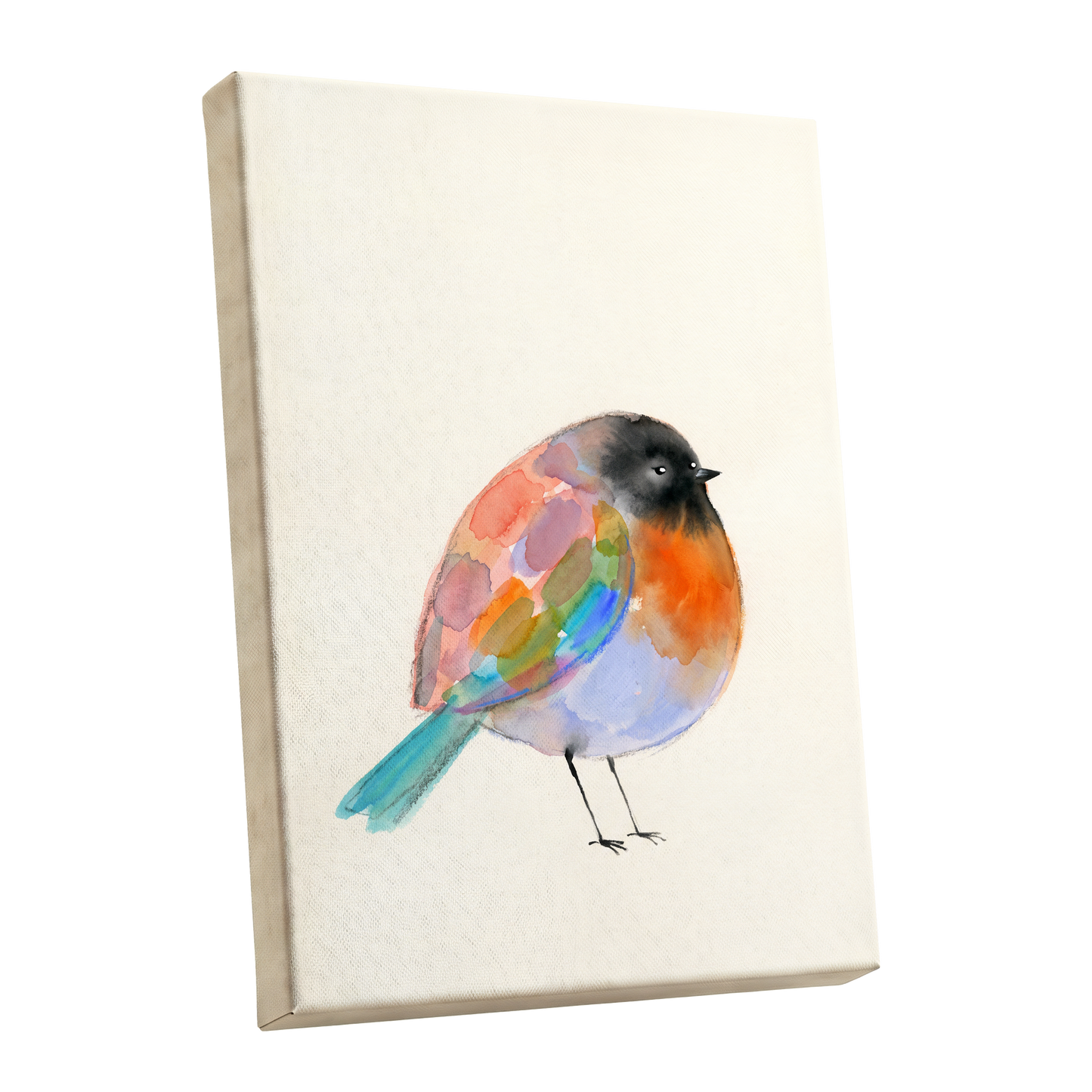 Patchwork Robin, multicolor, beige, black nature wall art shown as a stretched canvas wall art