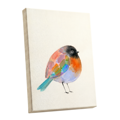 Patchwork Robin, multicolor, beige, black nature wall art shown as a stretched canvas wall art