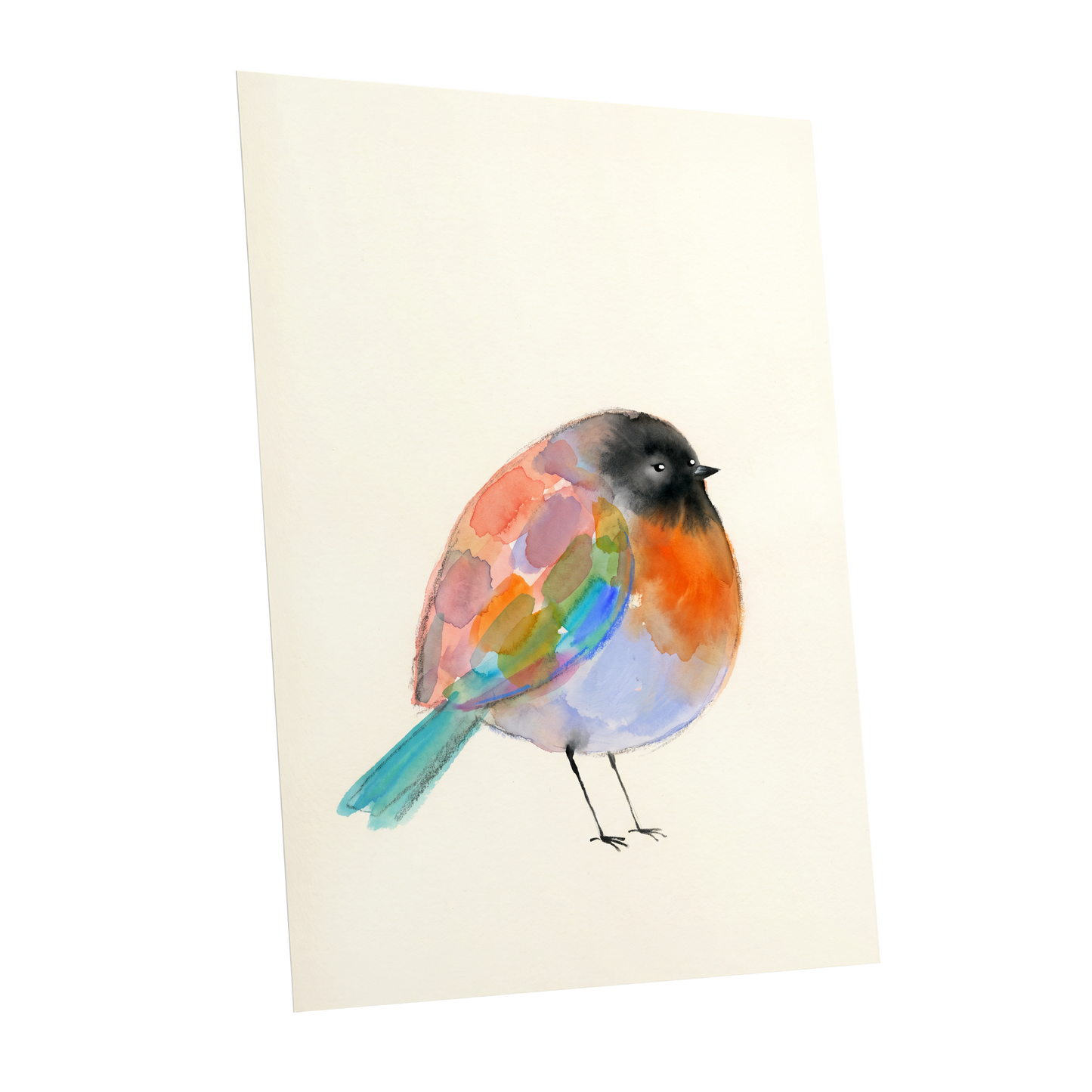 Patchwork Robin, multicolor, beige, black nature wall art shown as a unframed poster wall art print