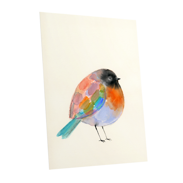 Patchwork Robin, multicolor, beige, black nature wall art shown as a unframed poster wall art print