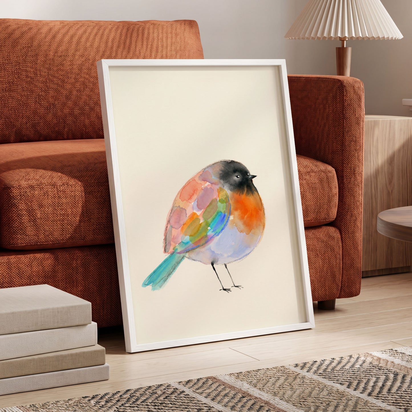 Patchwork Robin, multicolor, beige, black nature wall art displayed in a styled interior, gallery view 2