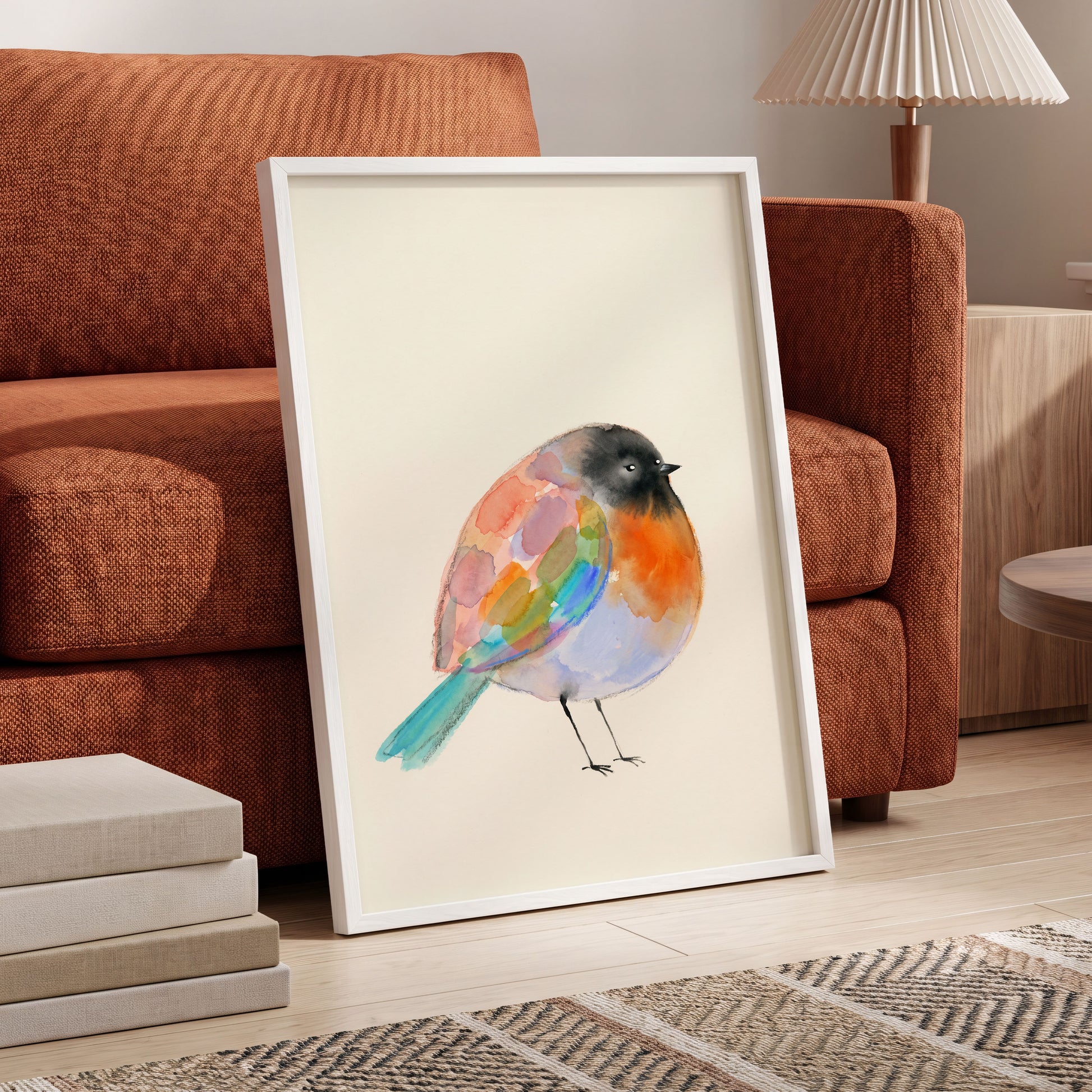 Patchwork Robin, multicolor, beige, black nature wall art displayed in a styled interior, gallery view 2