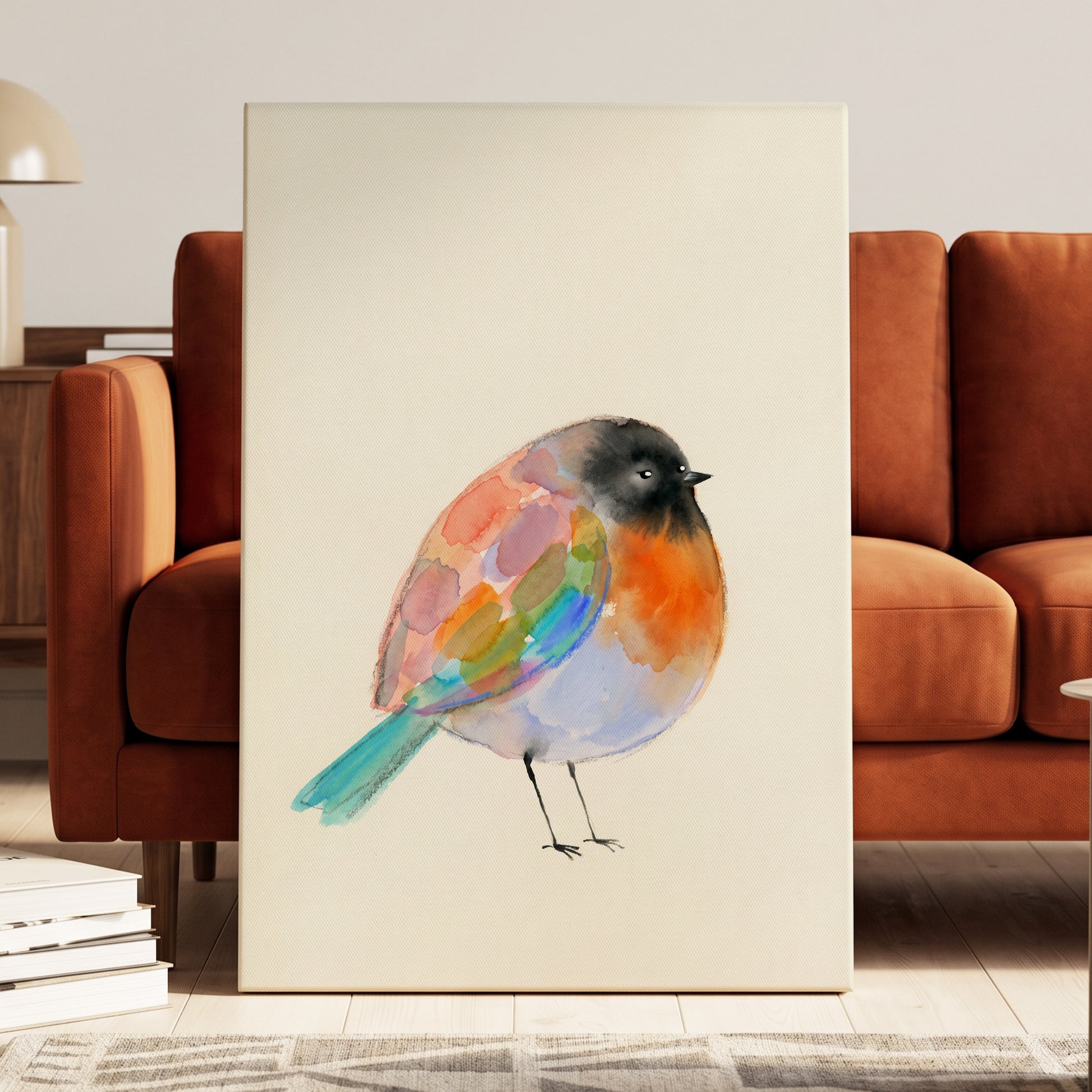 Patchwork Robin, multicolor, beige, black nature wall art displayed in a styled interior, gallery view 3