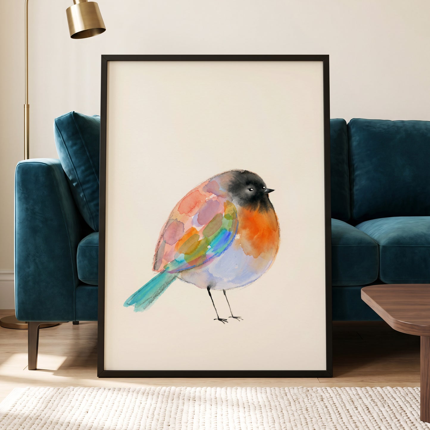Patchwork Robin, multicolor, beige, black nature wall art displayed in a styled interior, gallery view 6