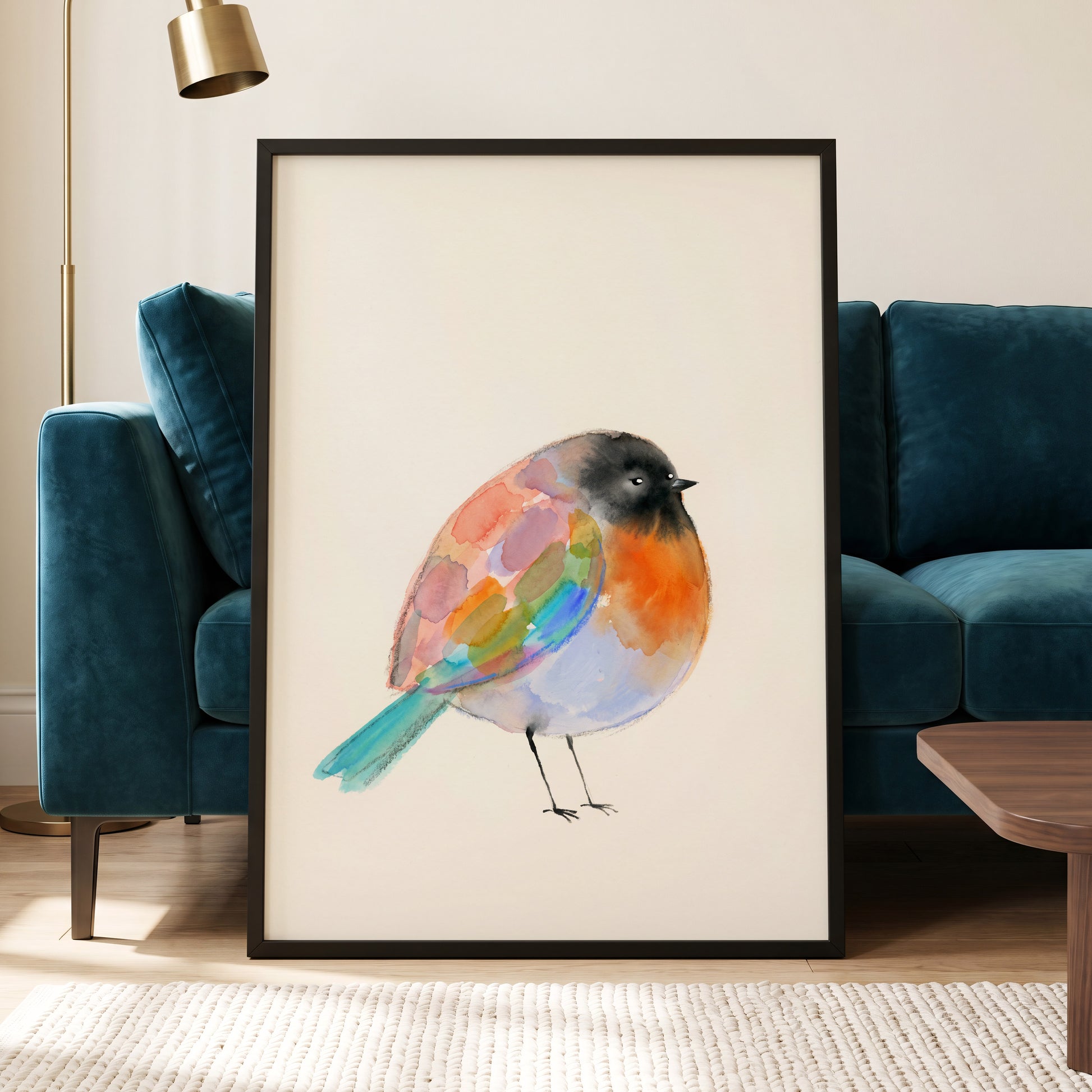 Patchwork Robin, multicolor, beige, black nature wall art displayed in a styled interior, gallery view 6