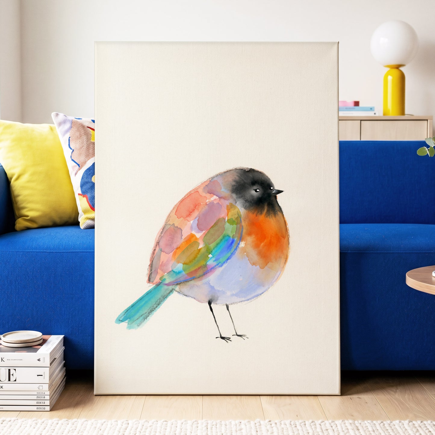 Patchwork Robin, multicolor, beige, black nature wall art displayed in a styled interior, gallery view 7
