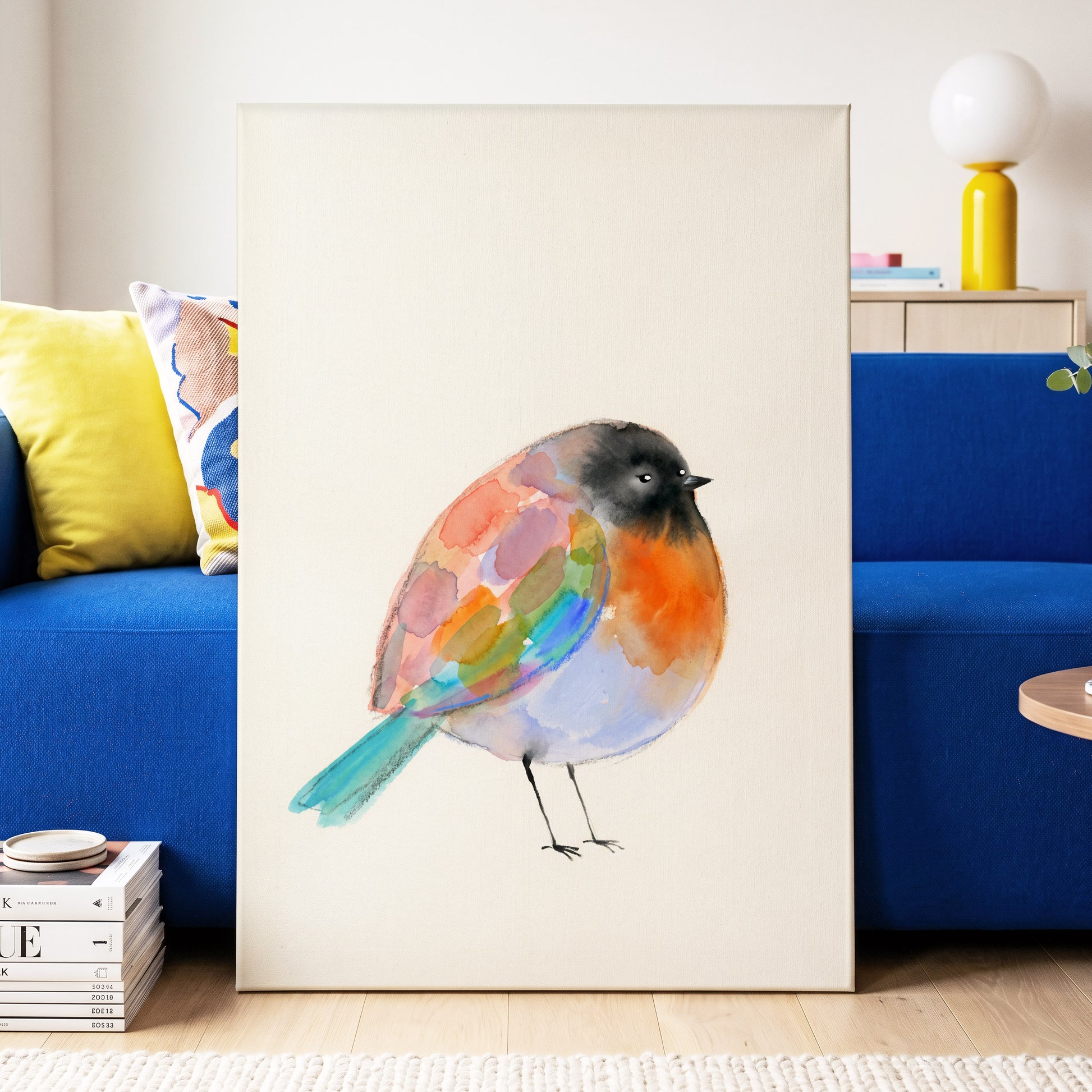 Patchwork Robin, multicolor, beige, black nature wall art displayed in a styled interior, gallery view 7