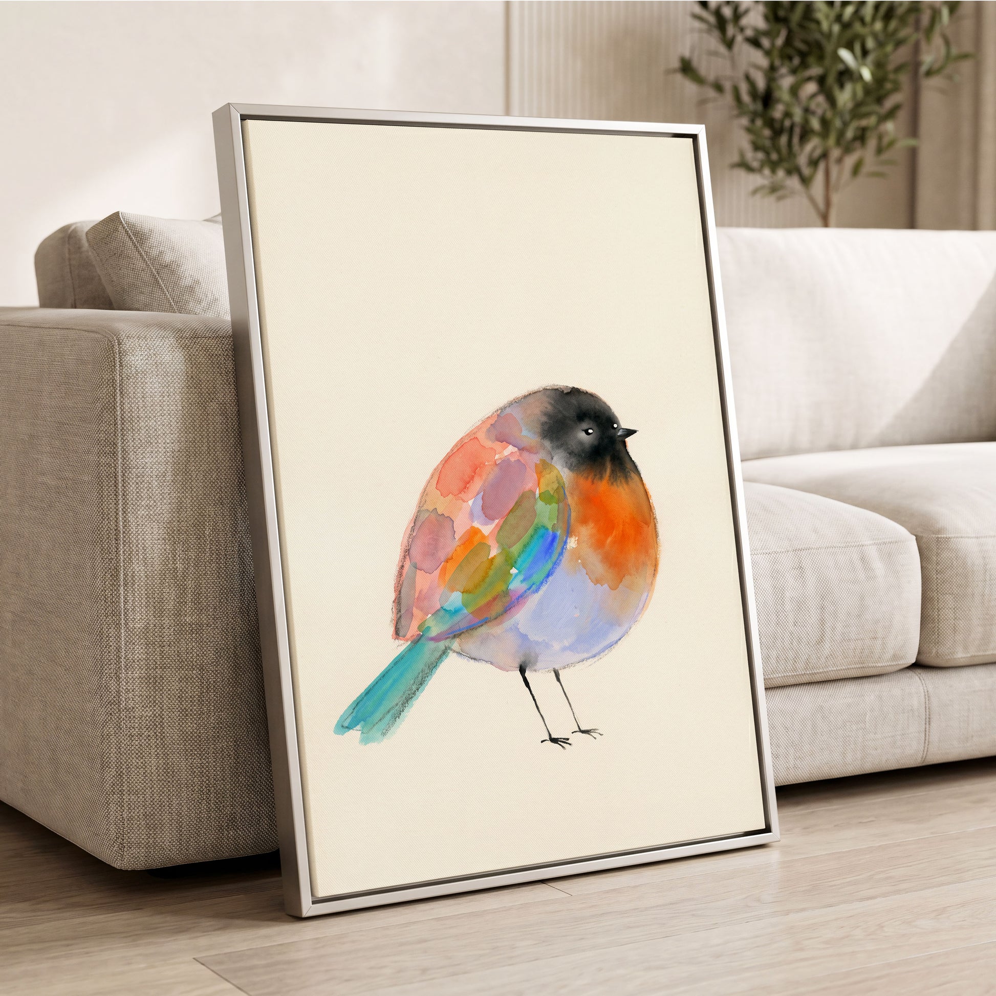 Patchwork Robin, multicolor, beige, black nature wall art displayed in a styled interior, gallery view 8