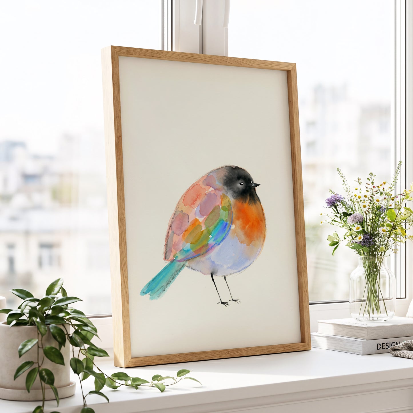 Patchwork Robin, multicolor, beige, black nature wall art displayed in a styled interior, gallery view 9