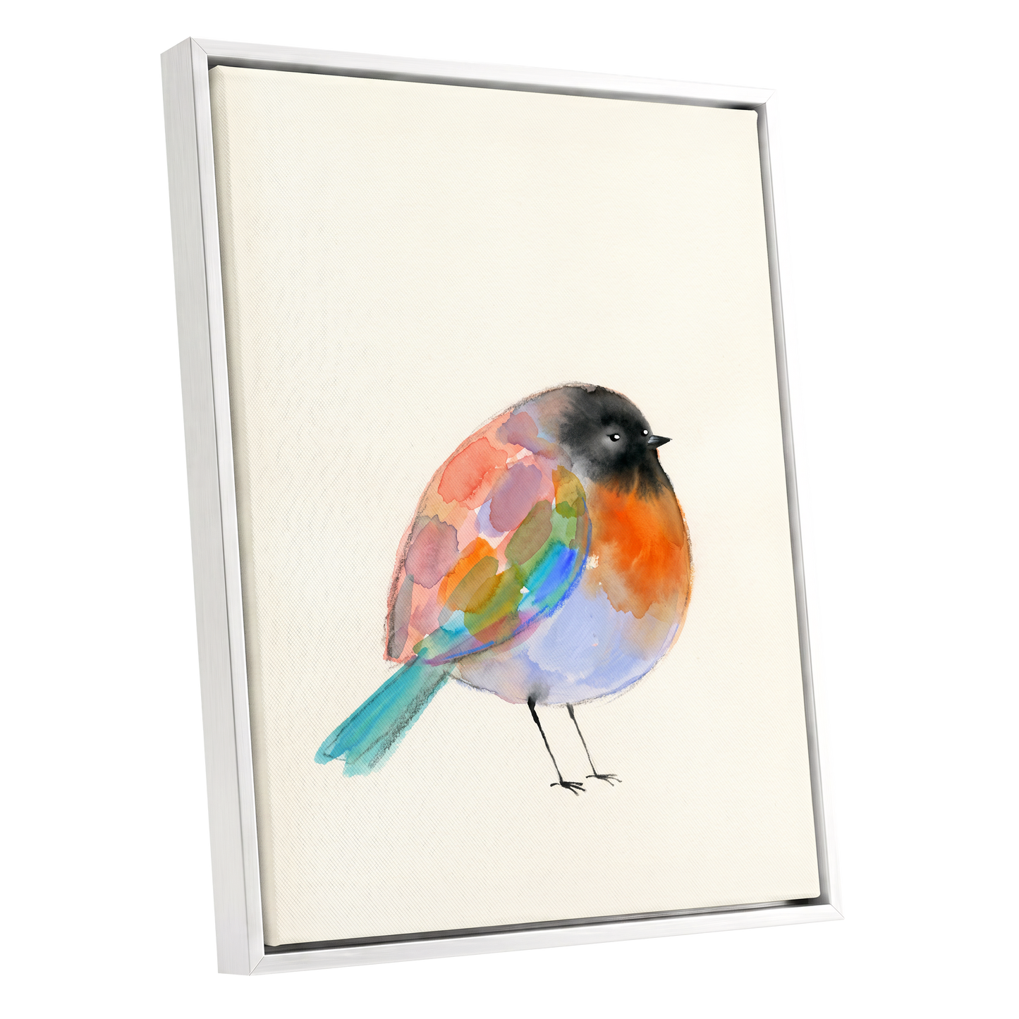 Patchwork Robin, multicolor, beige, black nature wall art shown as a white framed canvas wall art