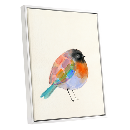 Patchwork Robin, multicolor, beige, black nature wall art shown as a white framed canvas wall art