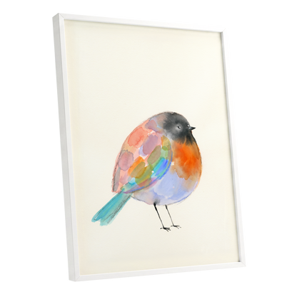 Patchwork Robin, multicolor, beige, black nature wall art shown as a white framed poster wall art print