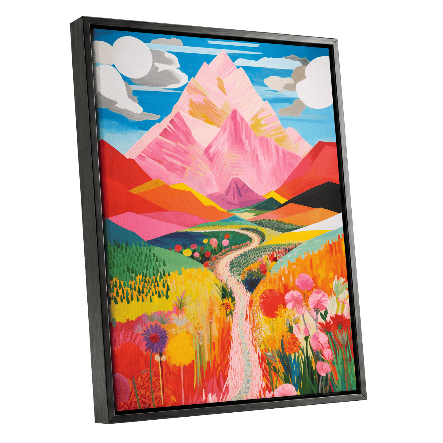 Path to the Pink Peaks, pink, orange, blue nature wall art shown as a black framed canvas wall art