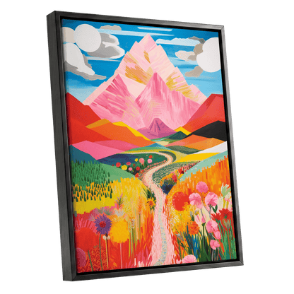 Path to the Pink Peaks, pink, orange, blue nature wall art shown as a black framed canvas wall art