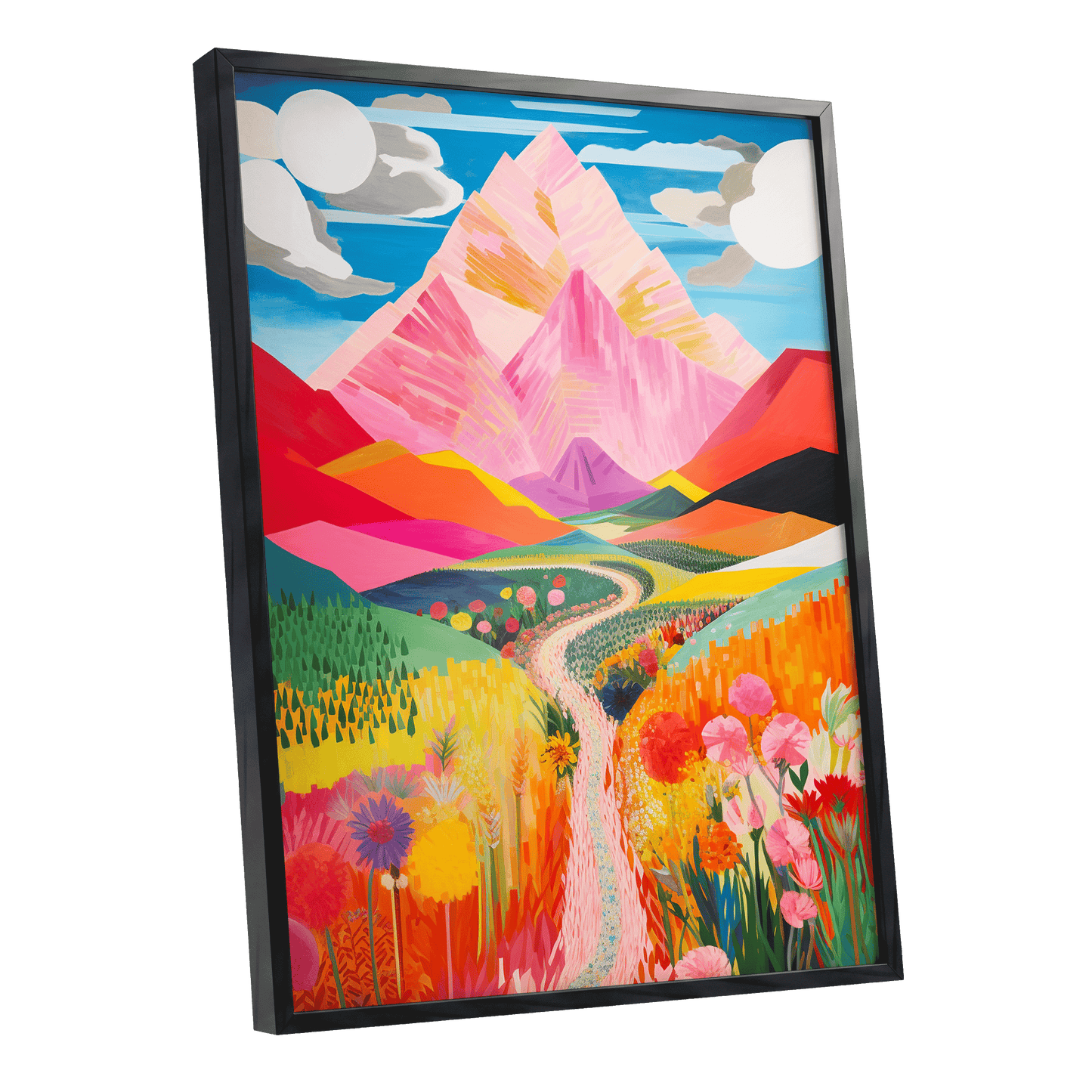 Path to the Pink Peaks, pink, orange, blue nature wall art shown as a black framed poster wall art print