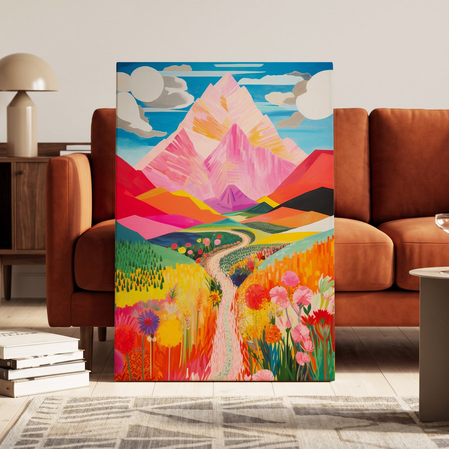 Path to the Pink Peaks, pink, orange, blue nature wall art on canvas displayed in a styled interior, gallery view 1