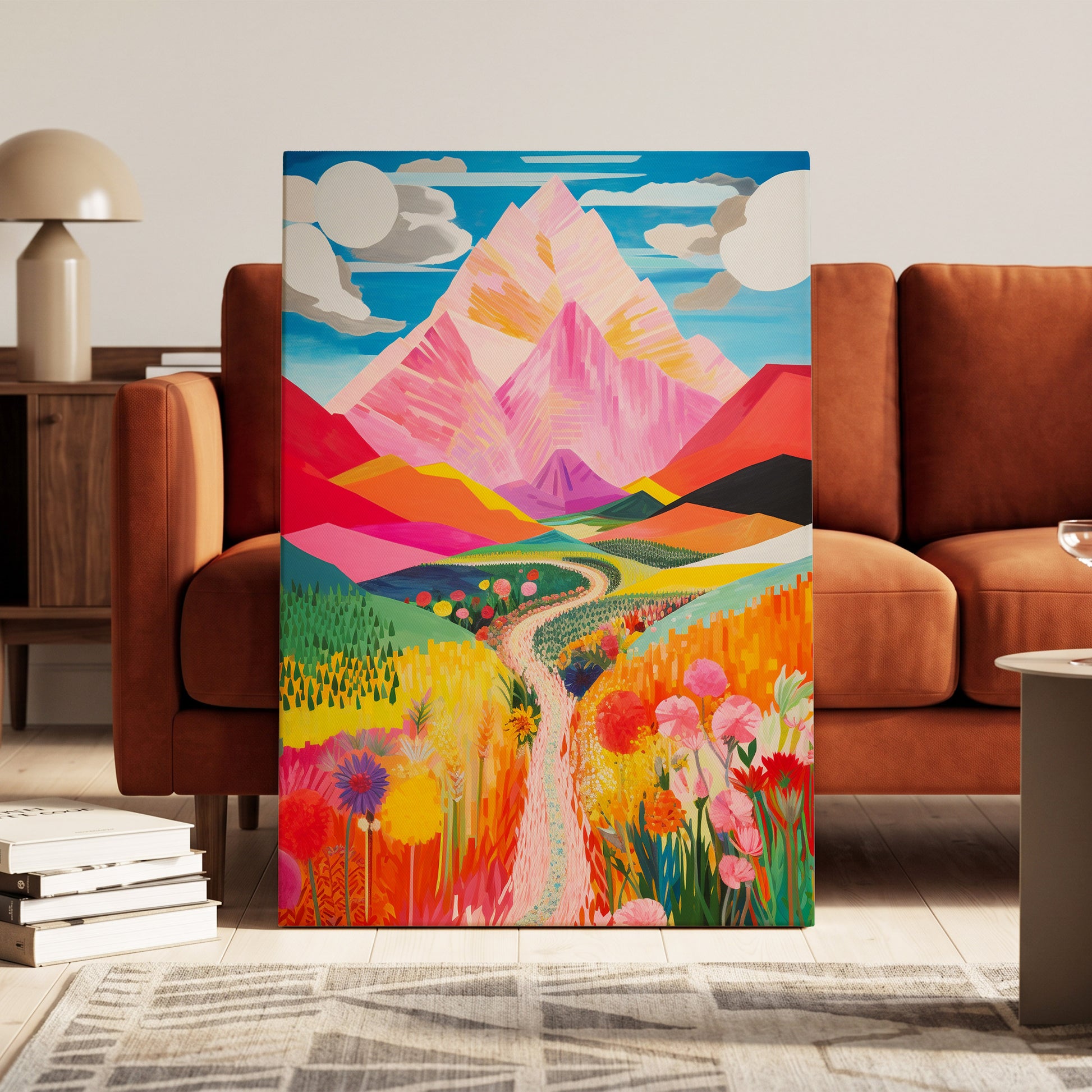 Path to the Pink Peaks, pink, orange, blue nature wall art on canvas displayed in a styled interior, gallery view 1