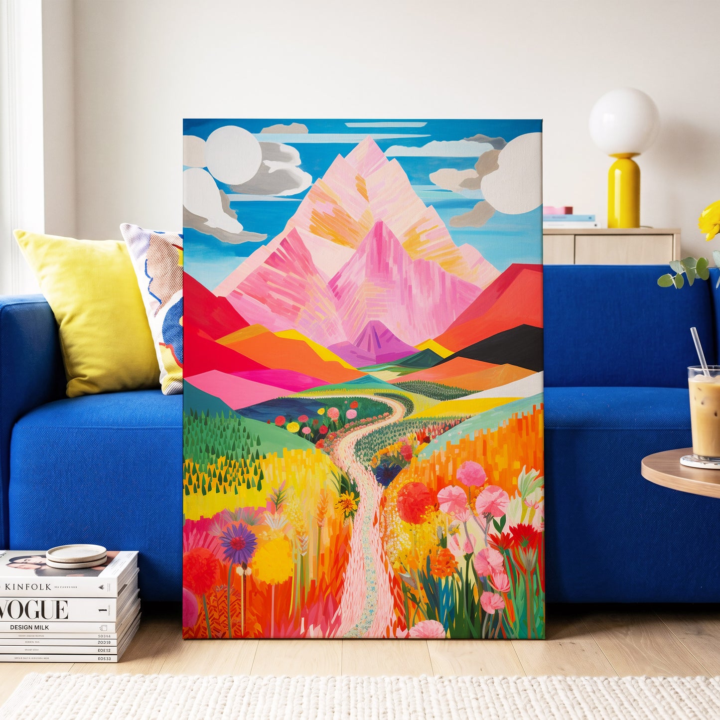 Path to the Pink Peaks, pink, orange, blue nature wall art on canvas displayed in a styled interior, gallery view 2
