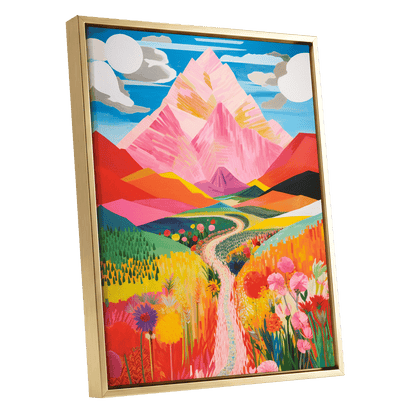 Path to the Pink Peaks, pink, orange, blue nature wall art shown as a gold framed canvas wall art