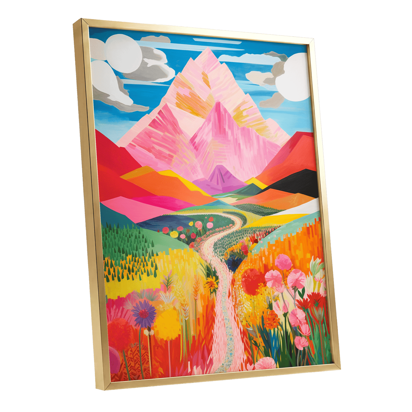 Path to the Pink Peaks, pink, orange, blue nature wall art shown as a gold framed poster wall art print