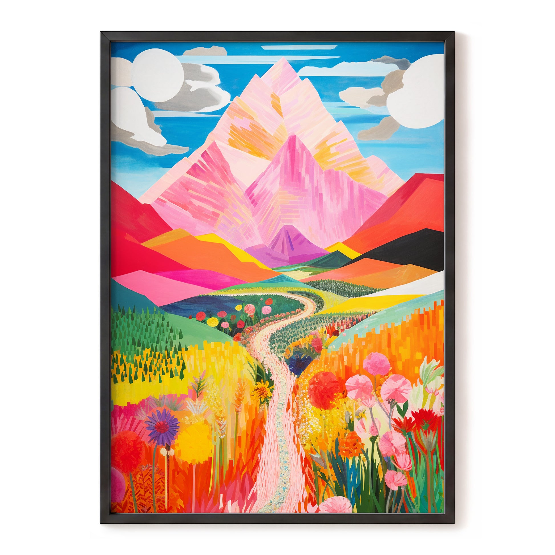 Path to the Pink Peaks, pink, orange, blue nature wall art, front artwork view