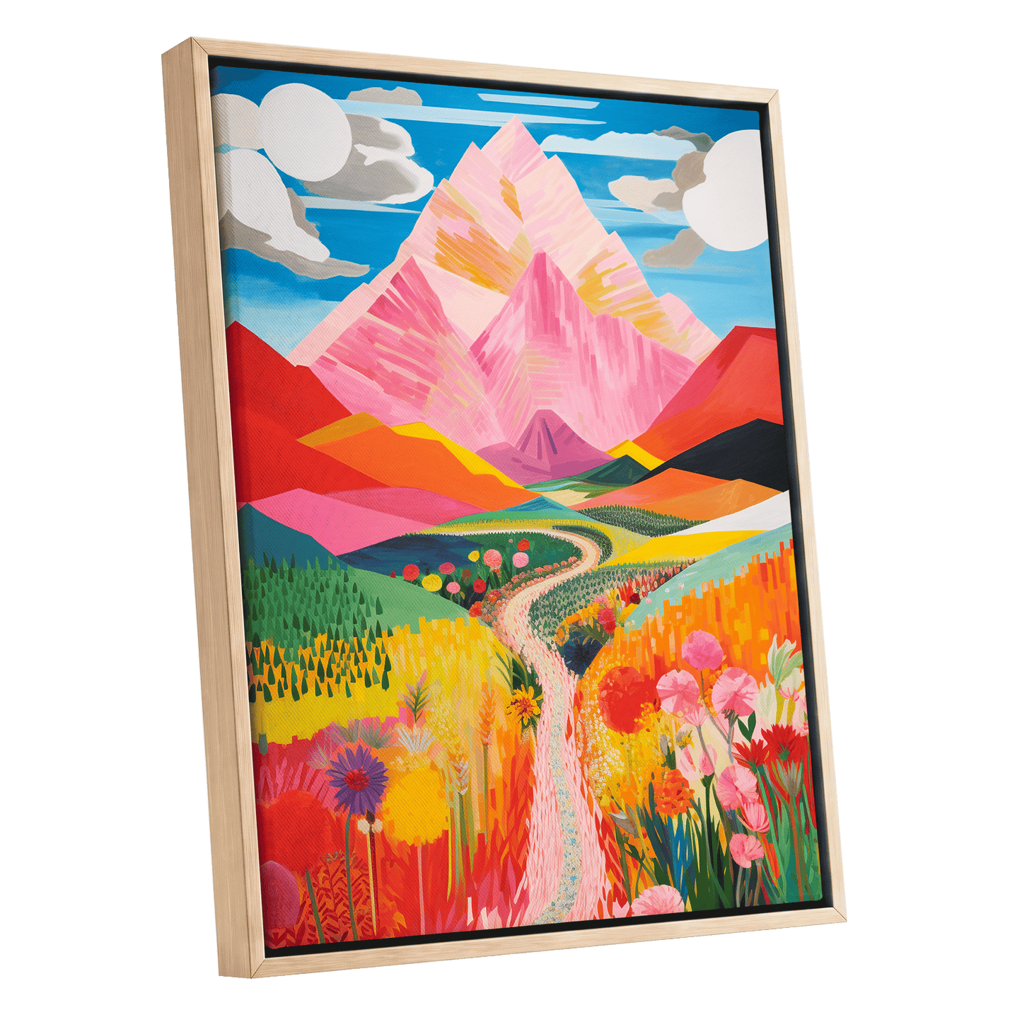 Path to the Pink Peaks, pink, orange, blue nature wall art shown as a oak framed canvas wall art