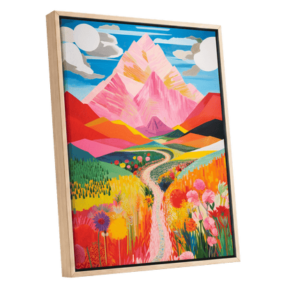 Path to the Pink Peaks, pink, orange, blue nature wall art shown as a oak framed canvas wall art