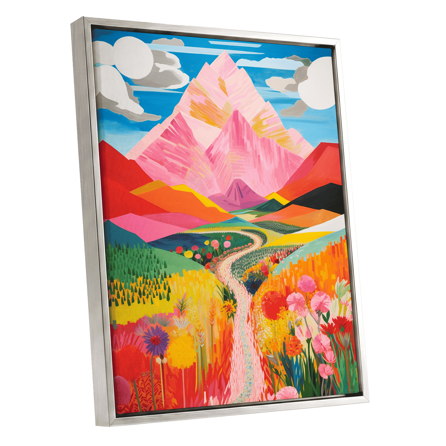 Path to the Pink Peaks, pink, orange, blue nature wall art shown as a silver framed canvas wall art
